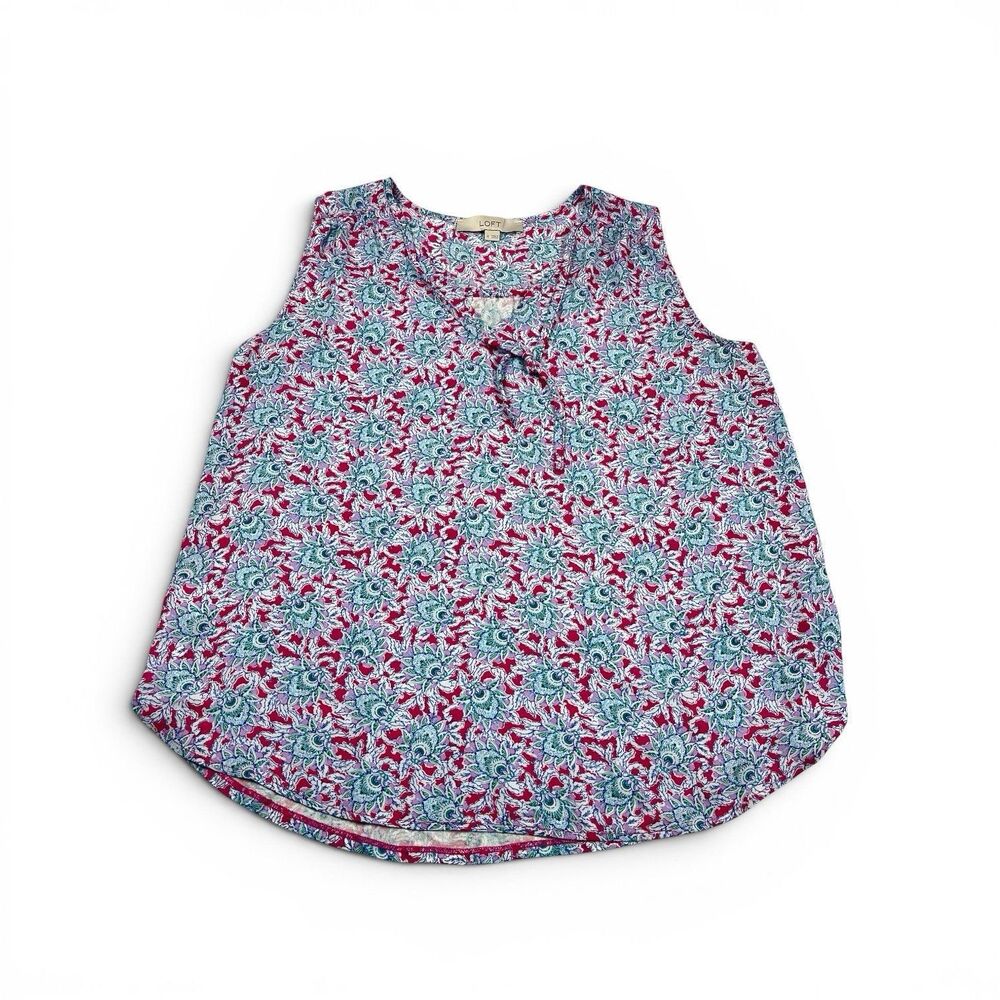 LOFT Sleeveless Floral Blouse Tie V-Neck Lightweight Shirt Layering Flowy Top M